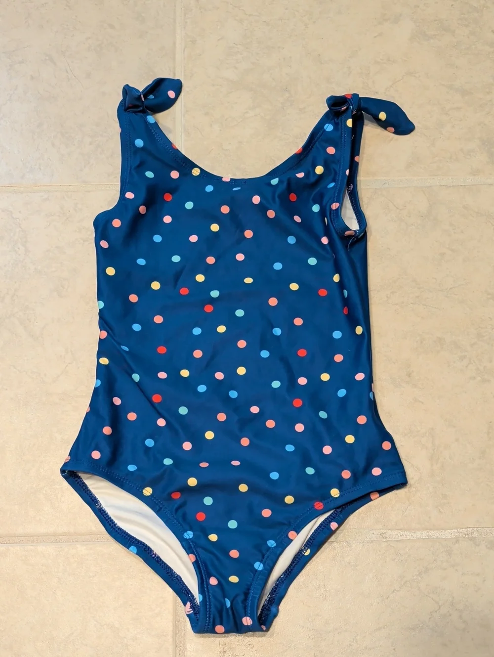 Hanna Andersson Navy Colorful Polka Dot One-Piece Swimsuit with Tie Straps